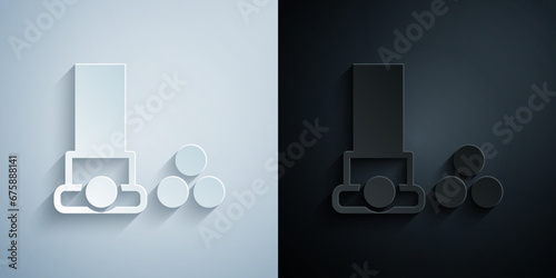 Paper cut Cartridges icon isolated on grey and black background. Shotgun hunting firearms cartridge. Hunt rifle bullet icon. Paper art style. Vector