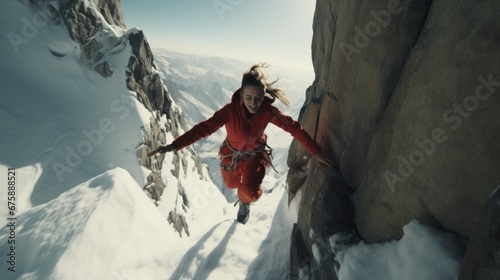Female climber jumps over snowy crevice telephoto lens natural lighting