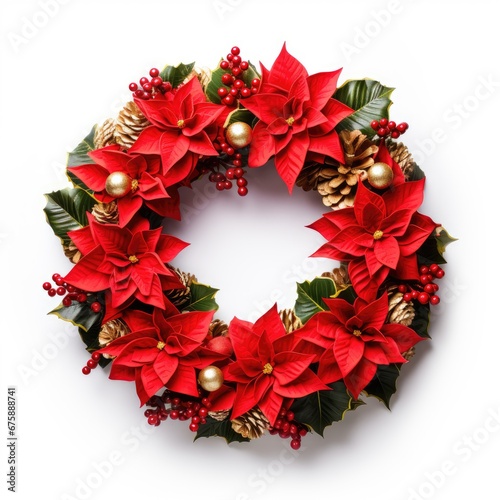 christmas wreath with red poinsettia isolated on white background