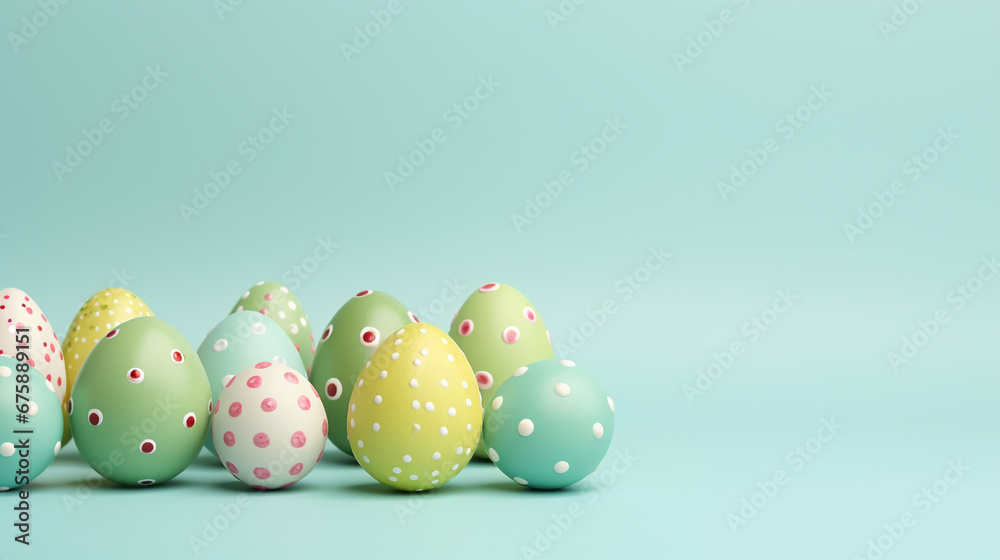 Colorful decorated Easter eggs on green background