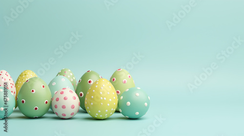 Colorful decorated Easter eggs on green background