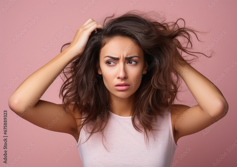 Young woman doing hair problem Young woman doing hair problem