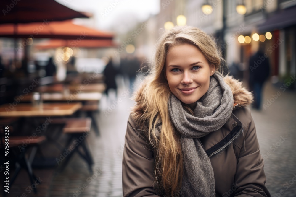 Young woman in a cafe on the street. Girl in a coat and scarf Young woman in a cafe on the street. Girl in a coat and scarf
