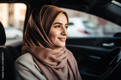 Beautiful woman wearing hijab sitting in the car © PRASANNAPIX