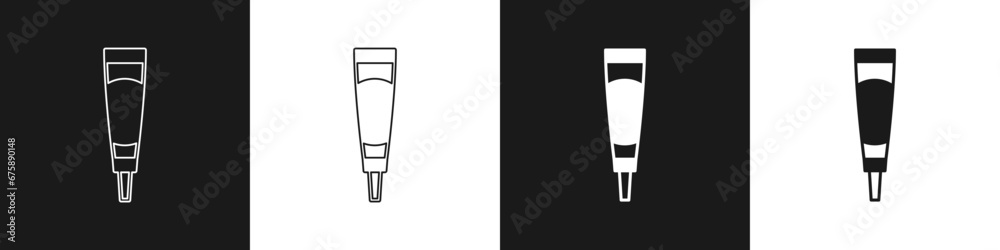Set Cream or lotion cosmetic tube icon isolated on black and white background. Body care products for woman. Vector