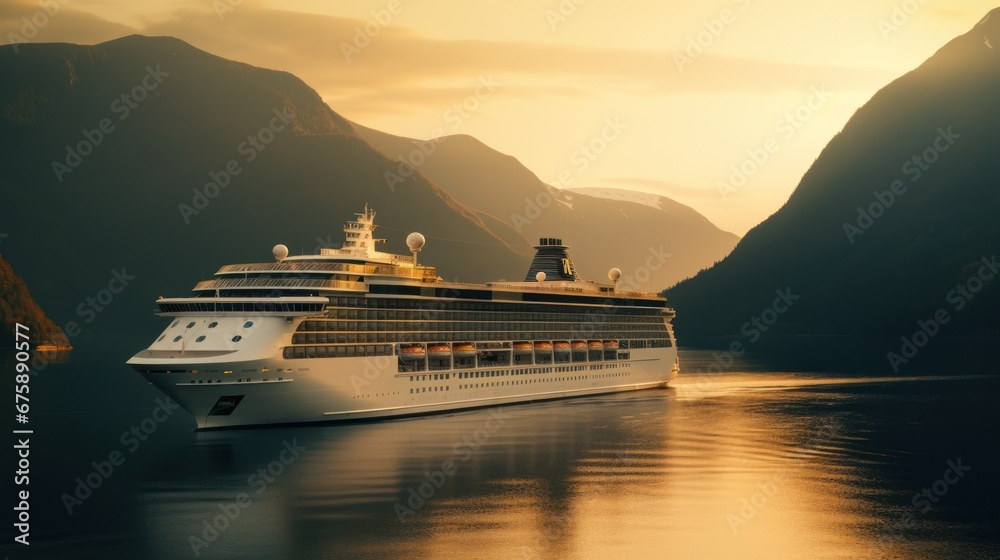 Large cruise ship in the fjord Holidays and summer - obrazy, fototapety, plakaty 