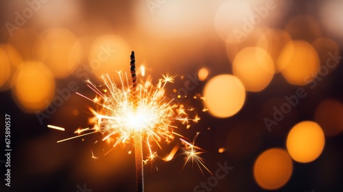 Happy New Year. Burning fireworks bokeh light background.