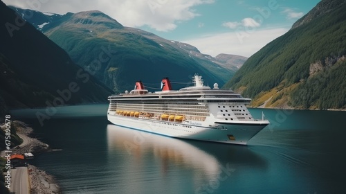 Large cruise ship in the fjord Holidays and summer