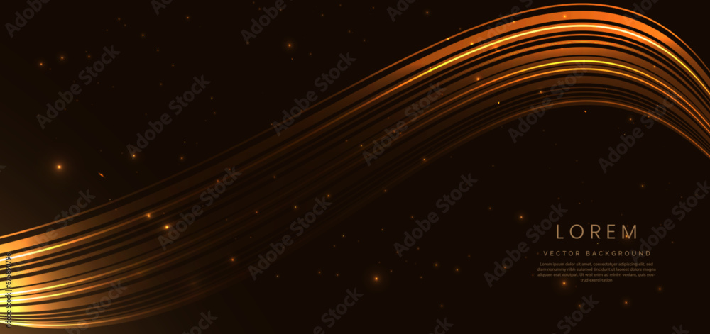 Fototapeta premium Abstract elegant gold glowing wave lines with lighting effect sparkle on dark brown background. Template premium award design.