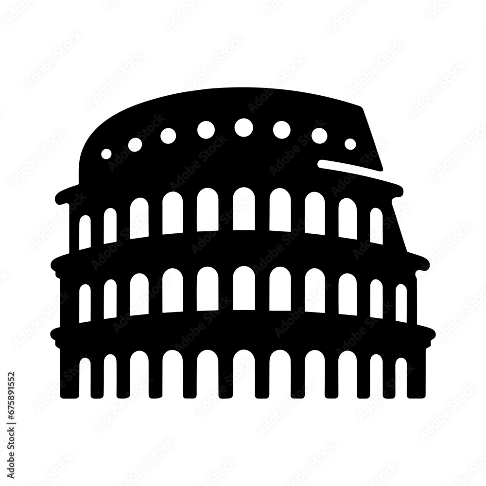 Naklejka premium Colosseum icon. Black silhouette of the Colosseum, the ancient Roman amphitheater located in Rome, Italy. Vector illustration