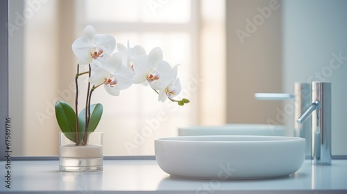 A white orchid is in a vase on the counter, AI