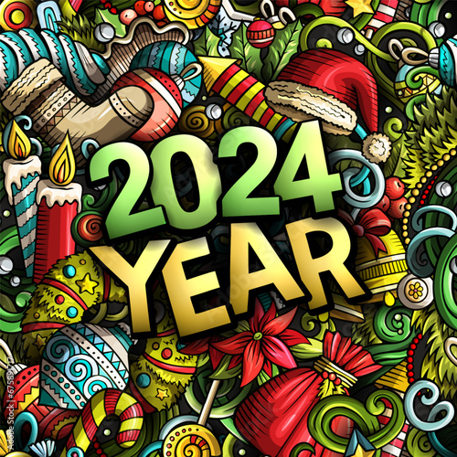 2024 doodles illustration. New Year objects and elements poster