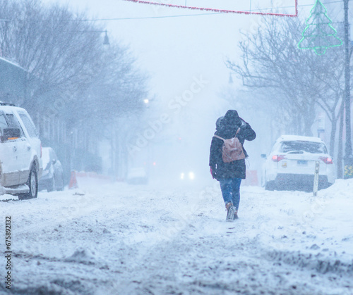 Extreme weather, offices background image, snow storm NYC, copy space, winter travel