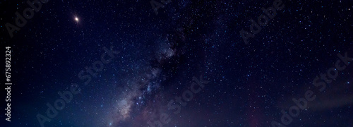 Panorama blue night sky milky way and star on dark background.Universe filled with stars  nebula and galaxy with noise and grain.Photo by long exposure and select white balance.