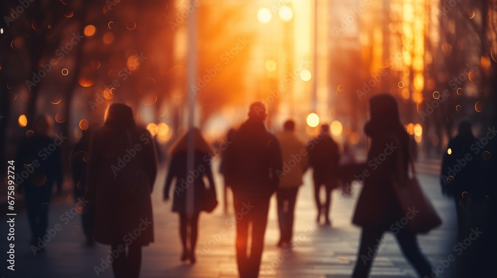 Many people walk out of work. Blurred sunset background