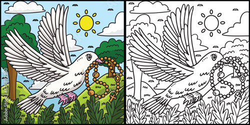 Christian Dove with a Rosary Coloring Illustration