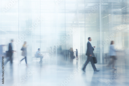 Blur of people moving through a sleek office environment