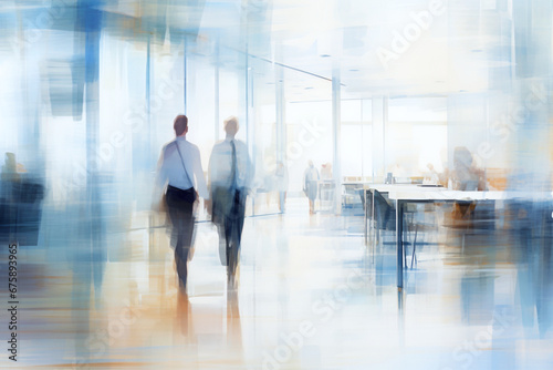 Two professionals walking through a bright modern office space