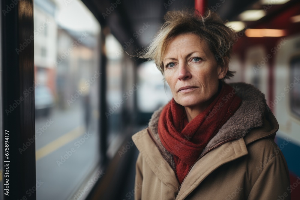 Portrait of sad mature woman standing in train station and looking away