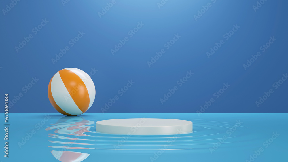 white podium and blue water background 3D rendering