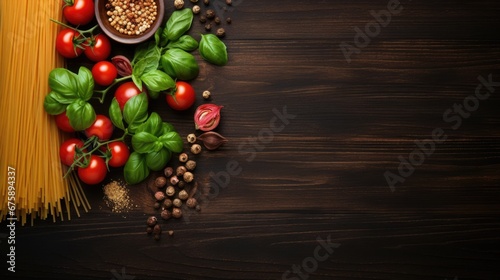 Italian spaghetti with basil garnish and herbs on black wooden board background, Plate of delicious Italian pasta on dark wood table counter, text copy space, top down view, flat lay, generative Ai