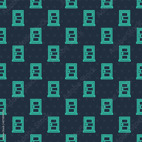 Green line Closed door icon isolated seamless pattern on blue background. Vector