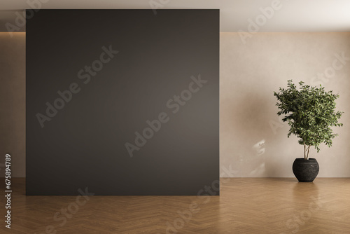 Room interior empty space background mock up, sunlight and shadows room walls, cozy summer warm room with sunlight and leafs shadows and wooden blank parquet floor, plant.