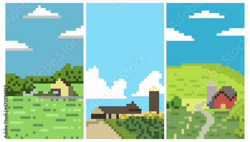 pixel art farm landscape vector illustration meadow, wheat field. Nature summer or autumn scenery with barn, windmill. Countryside for organic production background