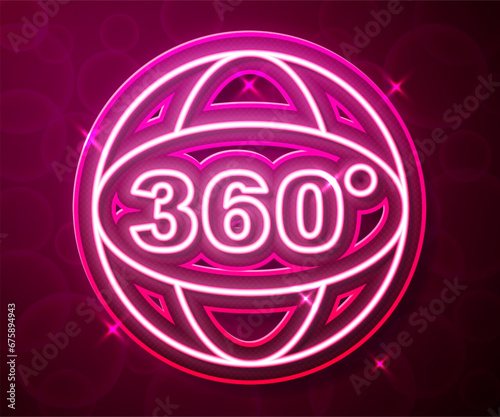 Glowing neon line 360 degree view icon isolated on red background. Virtual reality. Angle 360 degree camera. Panorama photo. Vector