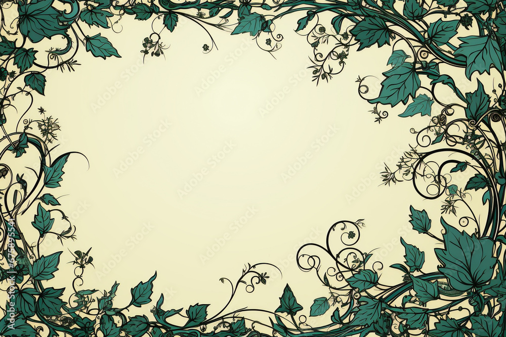 Vintage botanical border with lush green leaves and swirls