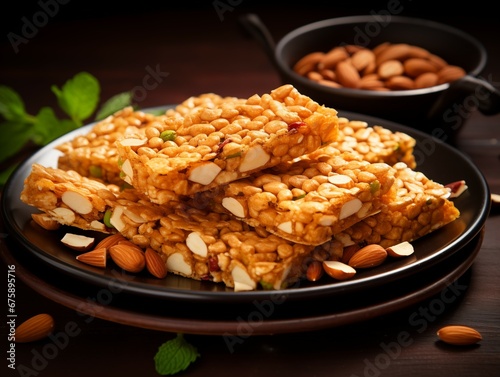 Traditional Indian peanut chikki made from roasted peanuts and jaggery. photo