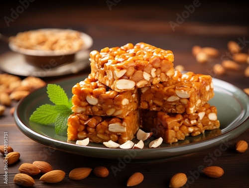Traditional Indian peanut chikki made from roasted peanuts and jaggery. photo