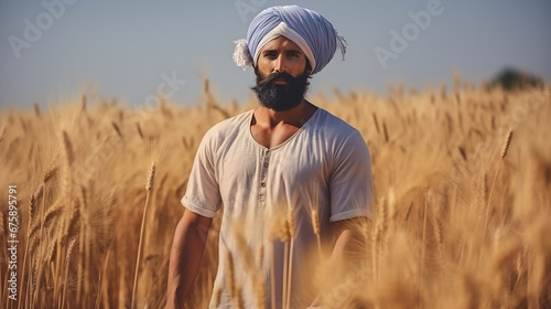 handsome sikh farmer in golden wheat field, looking at camera photo