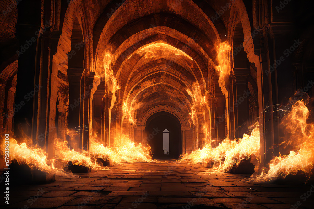 stone arches with flames on background stone arches with flames on background