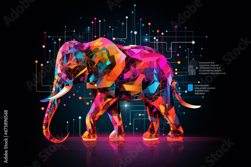 Futuristic elephant with vibrant colors and circuitry design backdrop