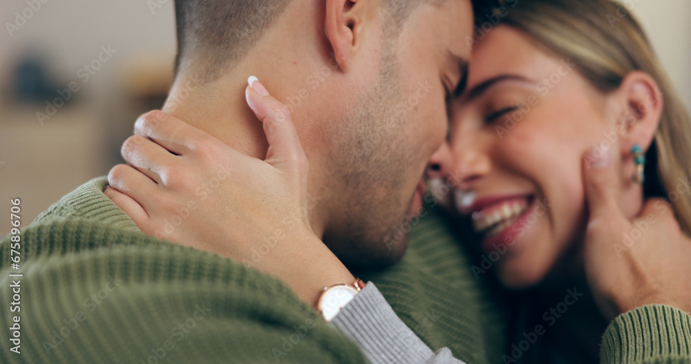 Fototapeta premium Home, funny and couple with happiness, love and peace with marriage, relationship and bonding together. Cheerful people, romance and man with woman, hug and humor with support, relax and commitment