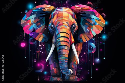 Neon elephant with colorful abstract patterns and cosmic backdrop © agnes