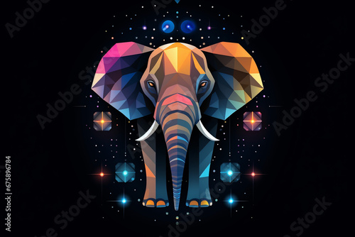 Geometric neon elephant with stars and cosmic accents