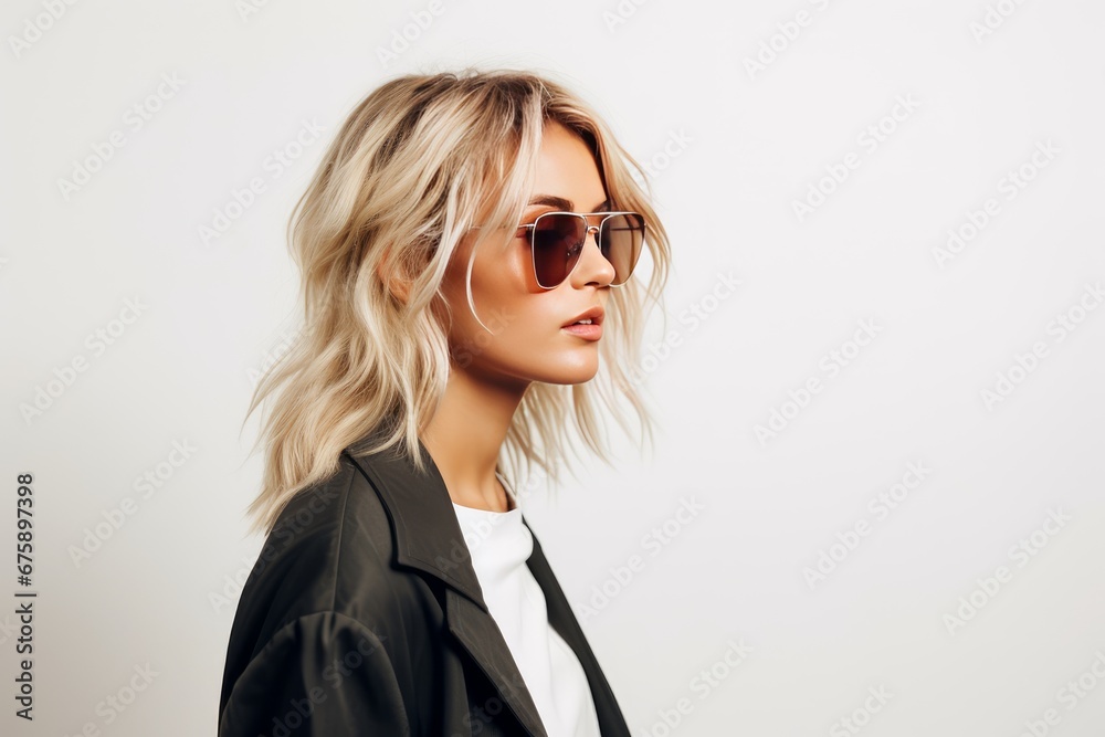 photo of Side view of young blond female in stylish clothes and sunglasses looking at camera while standing against clean white background. Generative AI
