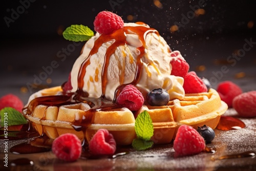 Waffle breakfast and ice cream with fruits healthy tasty
