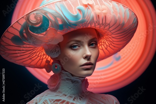 Futuristic Woman with a colorful hat and make up fashion style