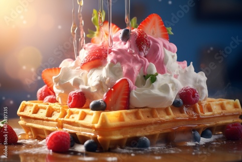 Waffle breakfast and ice cream with fruits healthy tasty