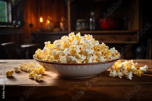 Popcorn on a rustic table close up