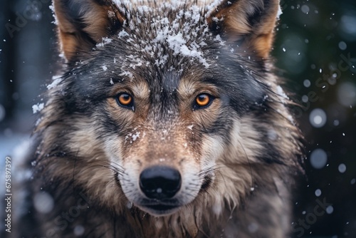 A wolf close up snowing on his face, pretty eyes