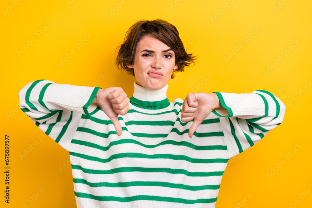 Ταπετσαρία Portrait of unsatisfied young girl sullen face hands fingers demonstrate thumb d