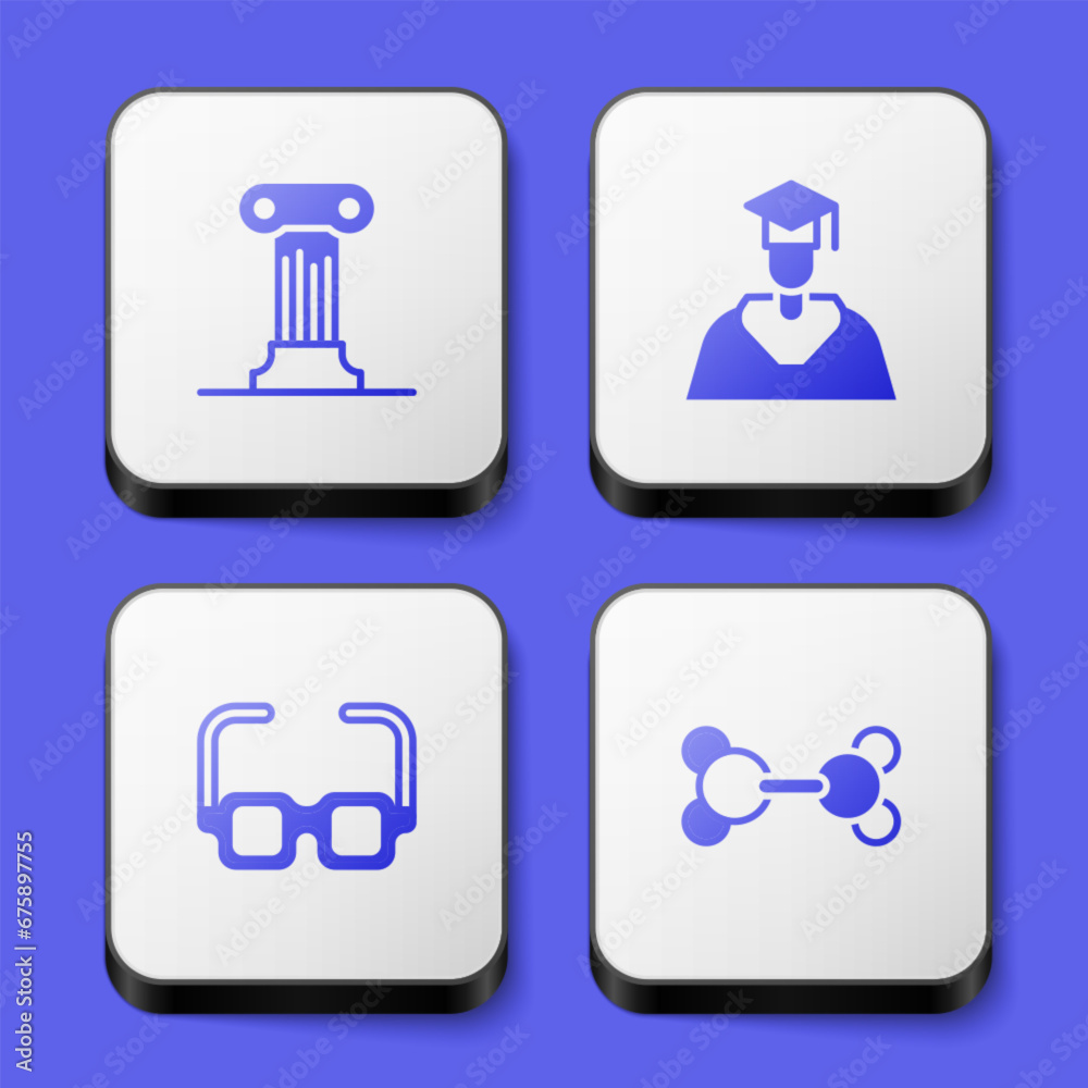Set Law pillar, Graduate and graduation cap, Glasses and Molecule icon. White square button. Vector Set Law pillar, Graduate and graduation cap, Glasses and Molecule icon. White square button. Vector