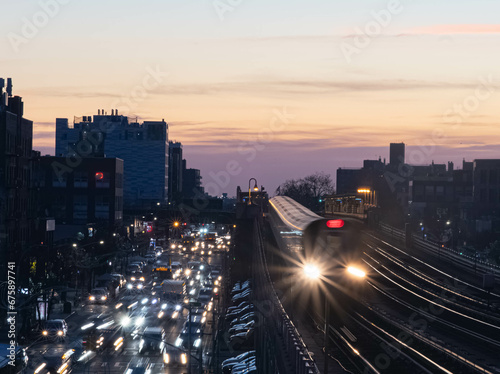NYC subway moving train, public transportation copy space background image photo