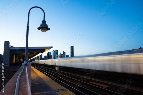 Fototapeta Naklejka Na Ścianę i Meble -  NYC subway moving train, public transportation copy space background image