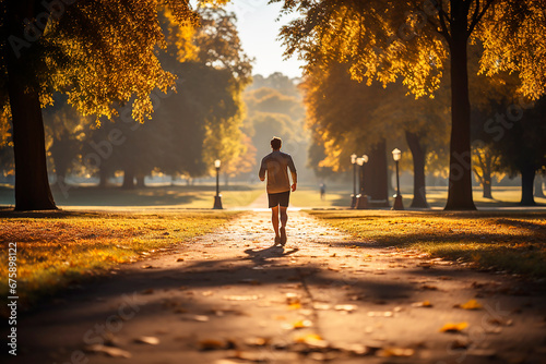 Silhouette of a fit man running in an autumn park. The concept of a healthy lifestyle and sports. Morning running.