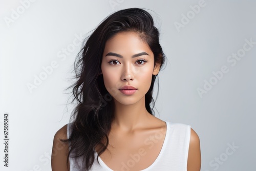 photo Picture of an elegant Asian woman with an expressive face, her emotions captured on a white clean background. Generative AI
